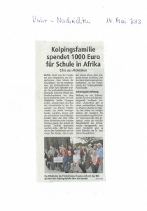 Zeitungsbericht: Förderkreis erhält Spende für Schulbau in Nigeria, Ruhrnachrichten, 14.05.2013