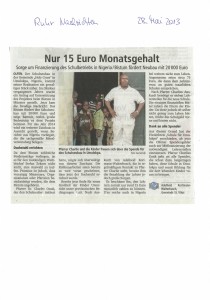 Zeitungsbericht: Schulprojekt in Nigeria erhält Förderung vom Bistum Münster, Ruhrnachrichten, 28.05.2013